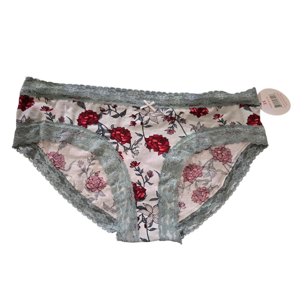 Splendies Floral Lace Trim Bikini Panties - 3X White & Red Roses